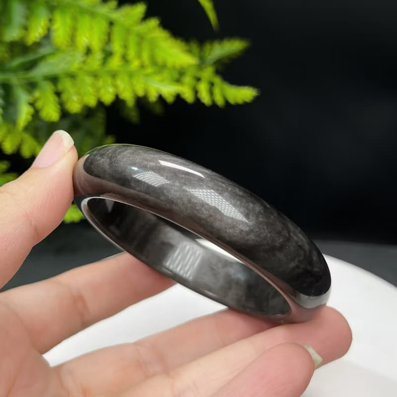 高品質 銀曜石手鐲 56+MM 玉化天眼銀色黑曜石手環 耀眼靈動平安