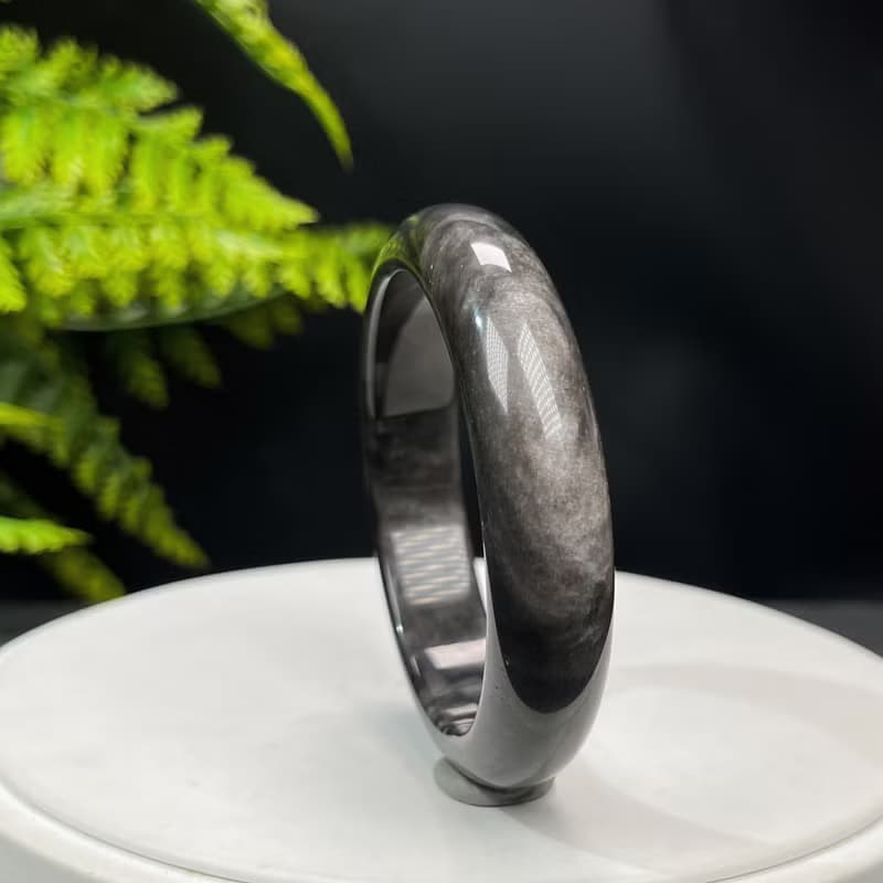 高品質 銀曜石手鐲 56+MM 玉化天眼銀色黑曜石手環 耀眼靈動平安