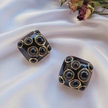 美國西洋古董飾品 / 黑琺瑯金色泡泡誇張 復古夾式耳環 古著首飾