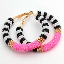 圈型耳環 , 串珠耳環, Pink beaded hoop earrings, Bright hoops