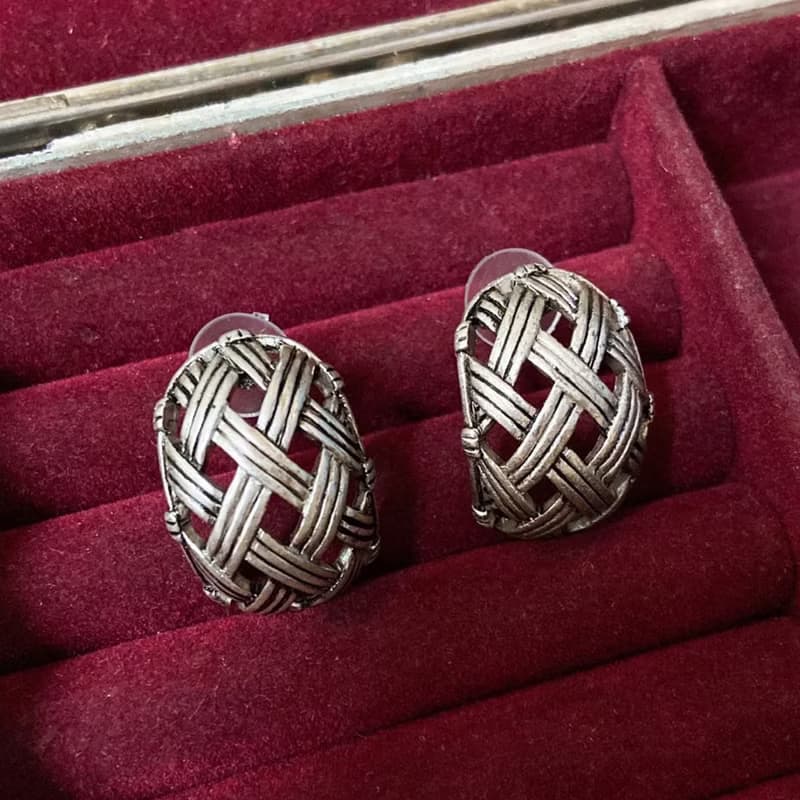 【西洋古董飾品】 美國帶回 藤編質感 復古 銀 耳環 耳針 飾品