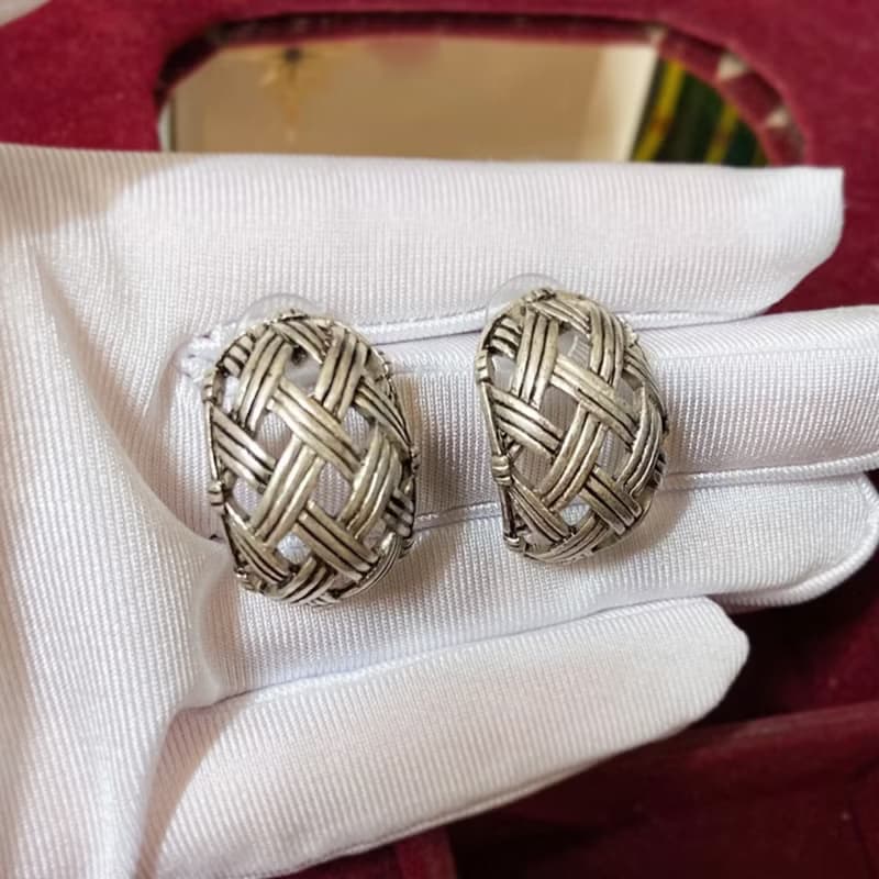 【西洋古董飾品】 美國帶回 藤編質感 復古 銀 耳環 耳針 飾品