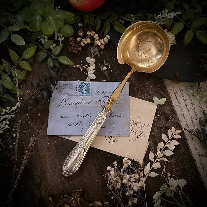 法國19世紀路易16風格純銀柄 銅鍍金面湯勺