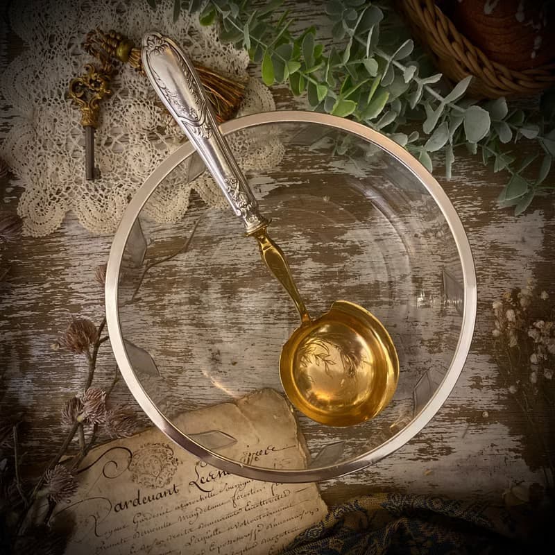 法國19世紀路易16風格純銀柄 銅鍍金面湯勺