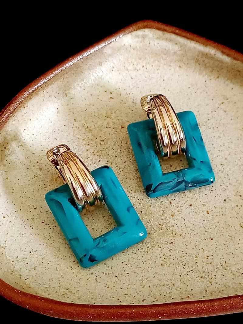 vintage jewelry  AVON 老件方框深藍流紋塑料 針式耳環