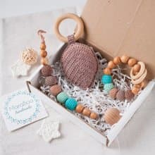 Brown Turquoise Baby Gift Box: Leaf Rattle Toy, Teething Ring, Pacifier Clip