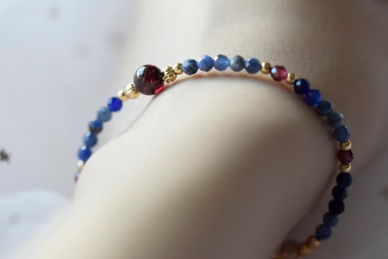 藍寶石。石榴石 藍寶石 14K包金 天然石 手鍊