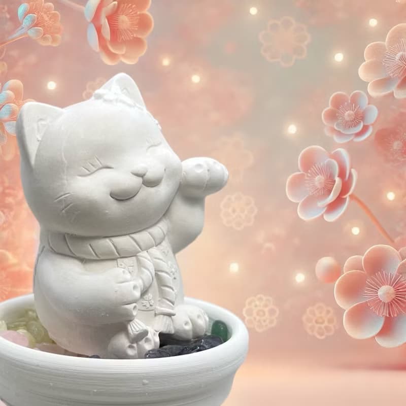 開運 五行水晶礦石擴香之花耳招財貓小盤套組 水晶招財 好運到