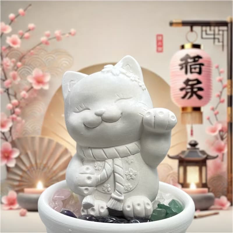 開運 五行水晶礦石擴香之花耳招財貓小盤套組 水晶招財 好運到