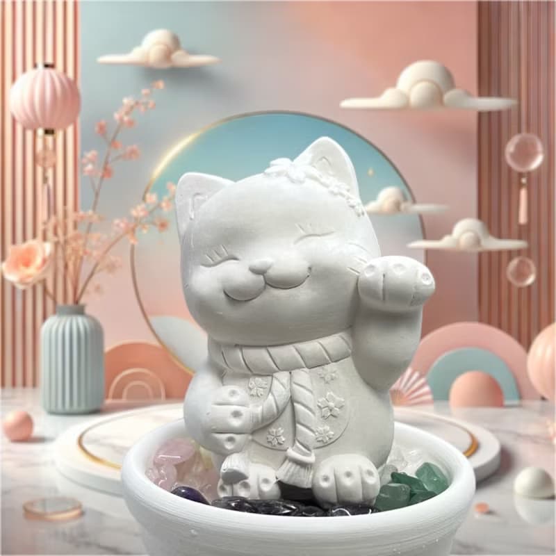 開運 五行水晶礦石擴香之花耳招財貓小盤套組 水晶招財 好運到