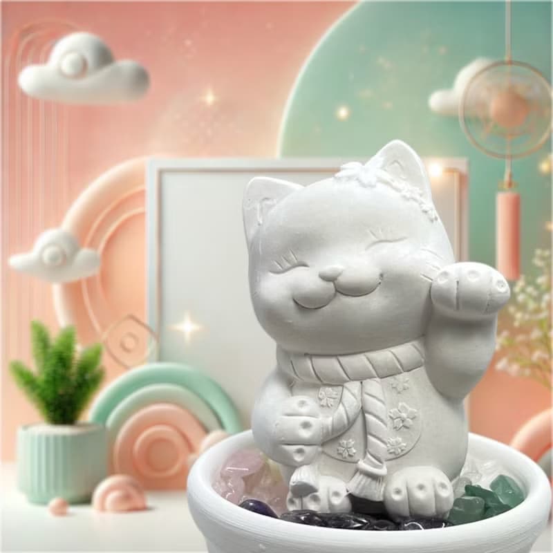 開運 五行水晶礦石擴香之花耳招財貓小盤套組 水晶招財 好運到