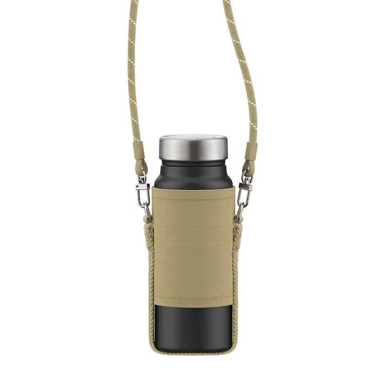 【孔雀Peacock】400ML 不鏽鋼保溫杯 可調杯袋登山扣環-黑+米杯袋