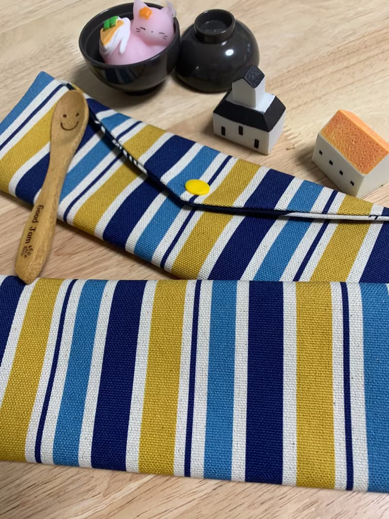 文青風環保純棉筷袋 條紋厚帆布 質感原胚 藍黃相間 日本 潮物 收