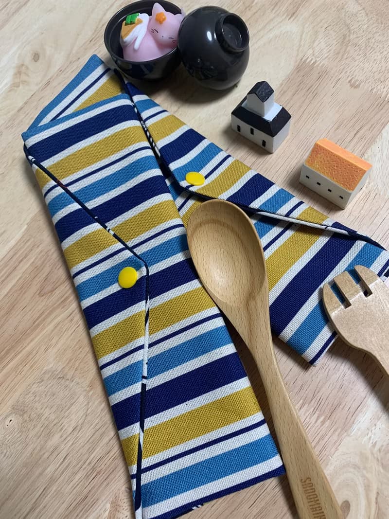 文青風環保純棉筷袋 條紋厚帆布 質感原胚 藍黃相間 日本 潮物 收