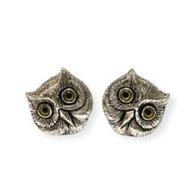 Vintage Style Owl Head with Glass Eyes Cufflinks 925 Sterling Silver Mens Gift