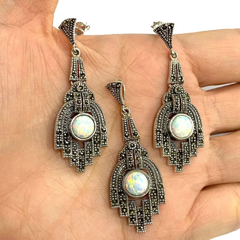Victorian Style Large Gilson Opal Set Pendant and Earrings 925 Sterling Silver