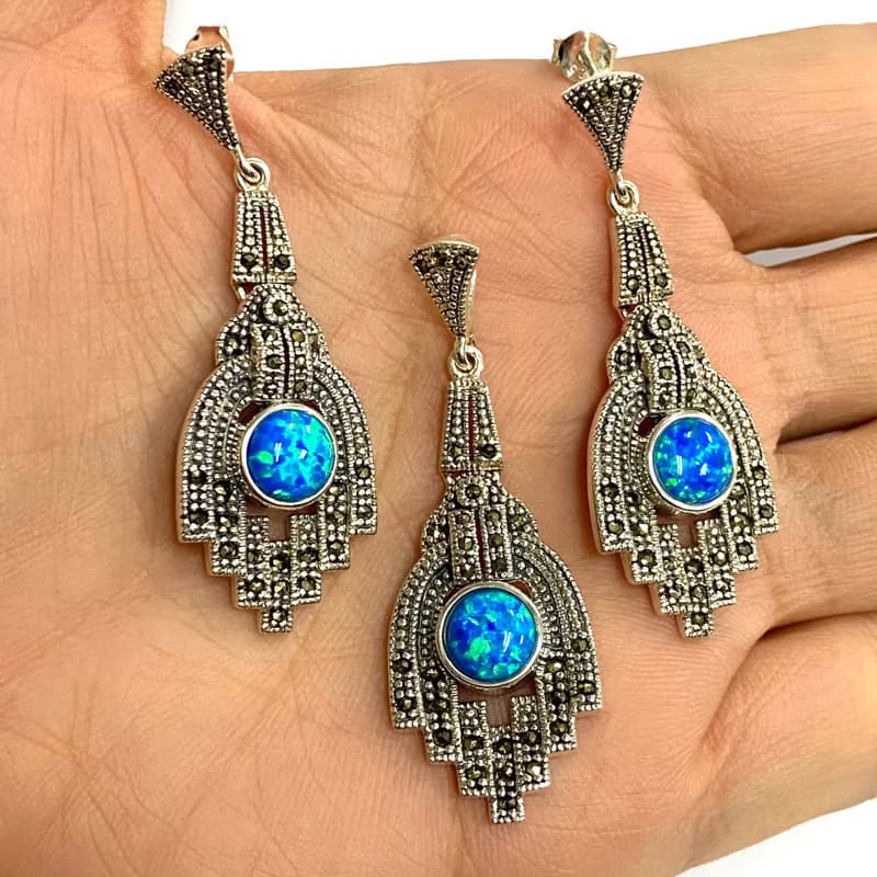 Victorian Style Large Gilson Opal Set Pendant and Earrings 925 Sterling Silver