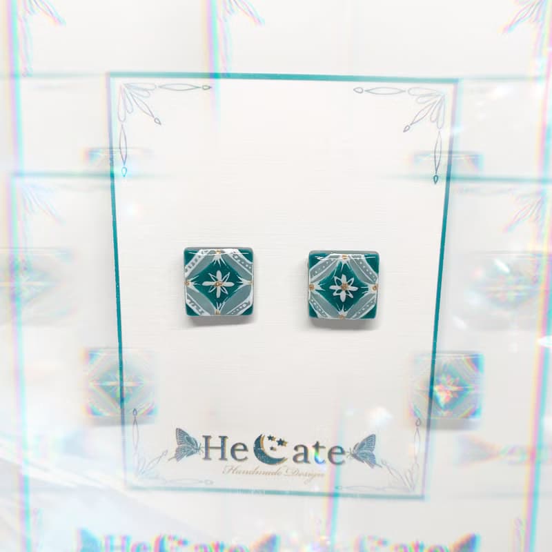 手繪飾品-花磚系列-翡翠山林-復古文青手作耳釘耳夾耳環