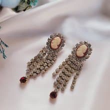美國西洋古董飾品/ 捷克工藝經典美女側臉水鑽瀑布針式耳環具鋼印