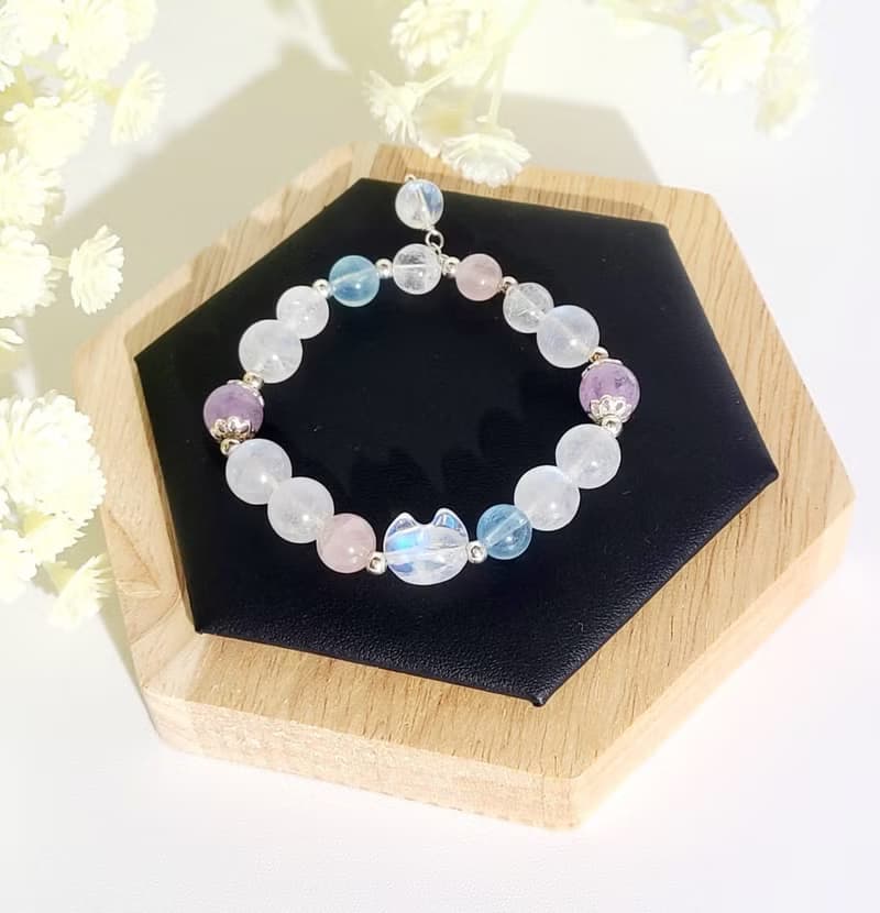 超萌氣質貓喵頭-天然藍光白月光石/淡粉晶/海藍寶/薰衣草紫晶手鍊