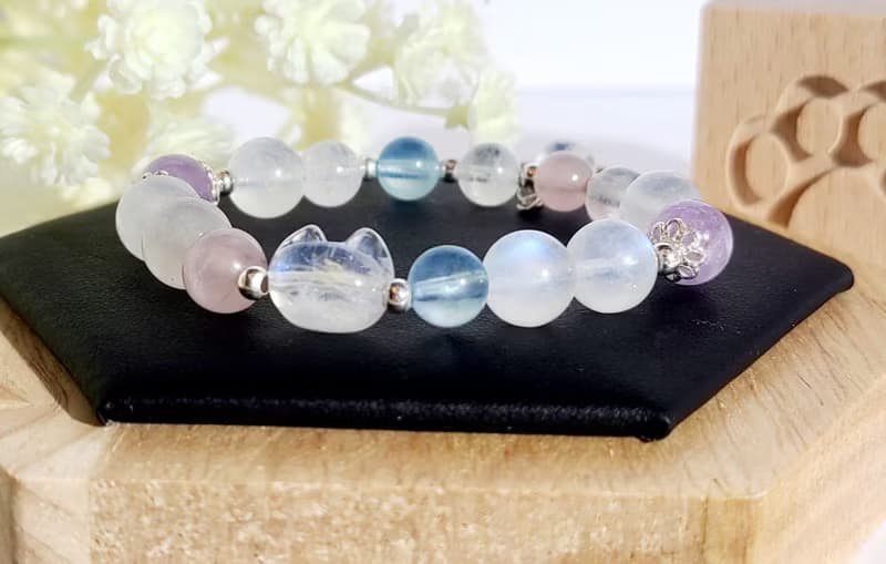 超萌氣質貓喵頭-天然藍光白月光石/淡粉晶/海藍寶/薰衣草紫晶手鍊