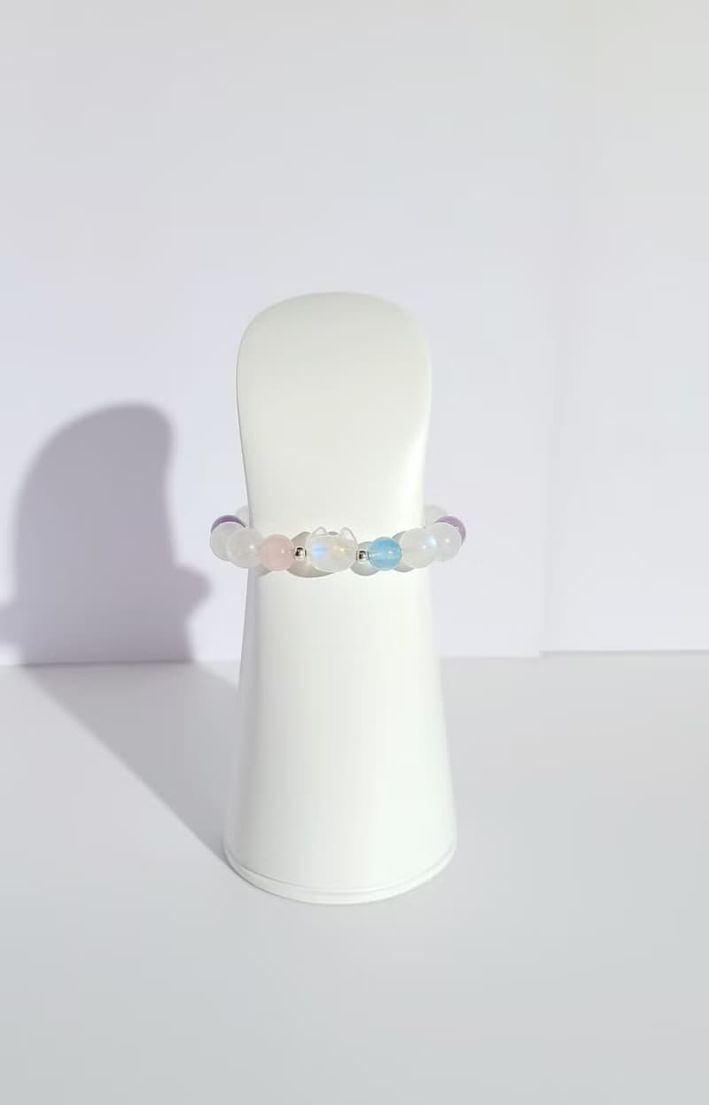 超萌氣質貓喵頭-天然藍光白月光石/淡粉晶/海藍寶/薰衣草紫晶手鍊