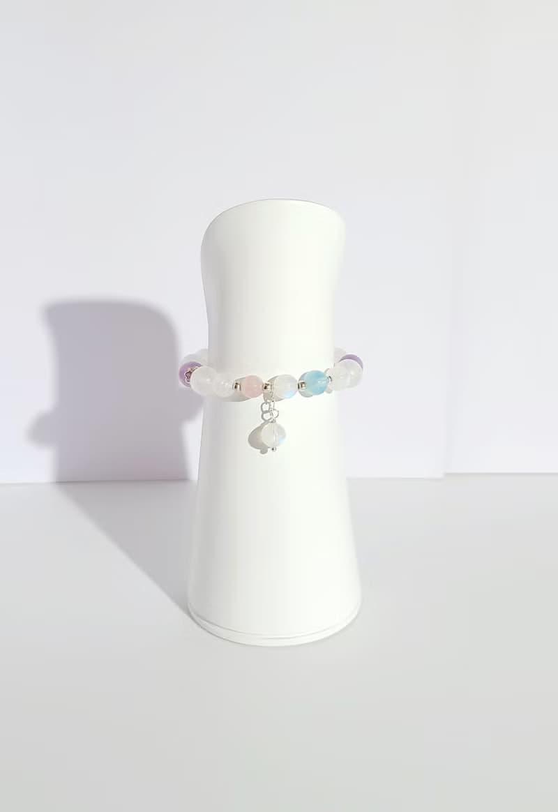 超萌氣質貓喵頭-天然藍光白月光石/淡粉晶/海藍寶/薰衣草紫晶手鍊