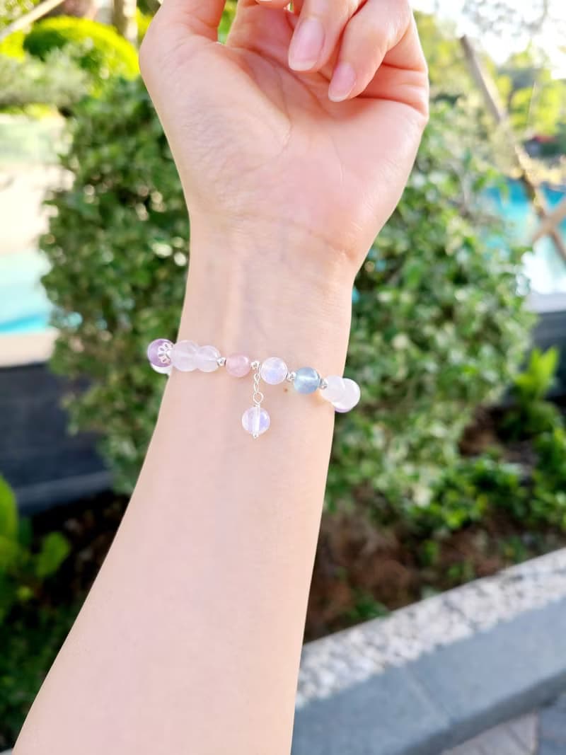 超萌氣質貓喵頭-天然藍光白月光石/淡粉晶/海藍寶/薰衣草紫晶手鍊