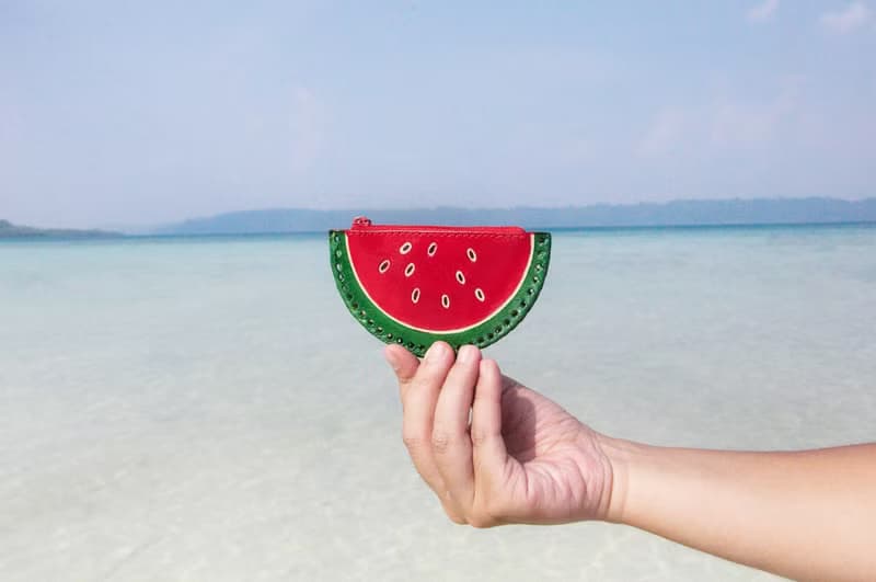 情人節禮物 生日禮物 手工山羊皮零錢包 / 手繪風格皮革錢包 / 皮革小包 - 熱帶水果 西瓜