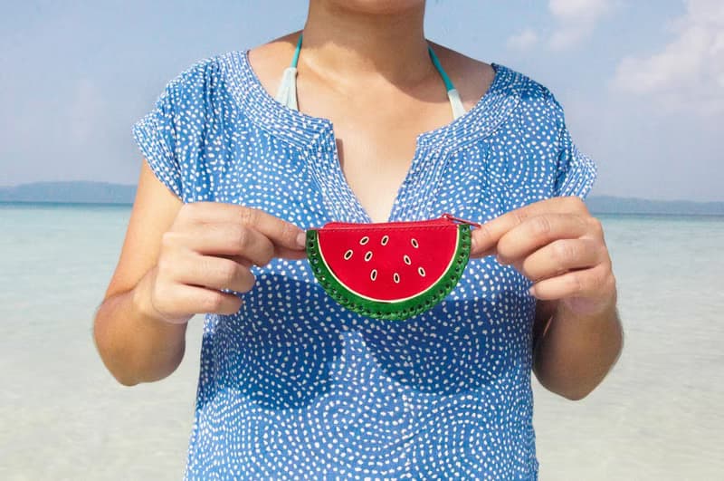 情人節禮物 生日禮物 手工山羊皮零錢包 / 手繪風格皮革錢包 / 皮革小包 - 熱帶水果 西瓜