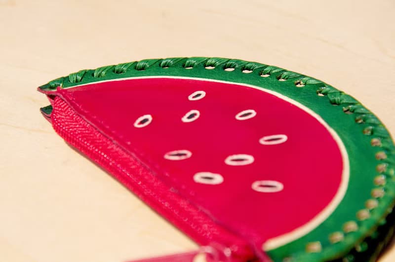 情人節禮物 生日禮物 手工山羊皮零錢包 / 手繪風格皮革錢包 / 皮革小包 - 熱帶水果 西瓜