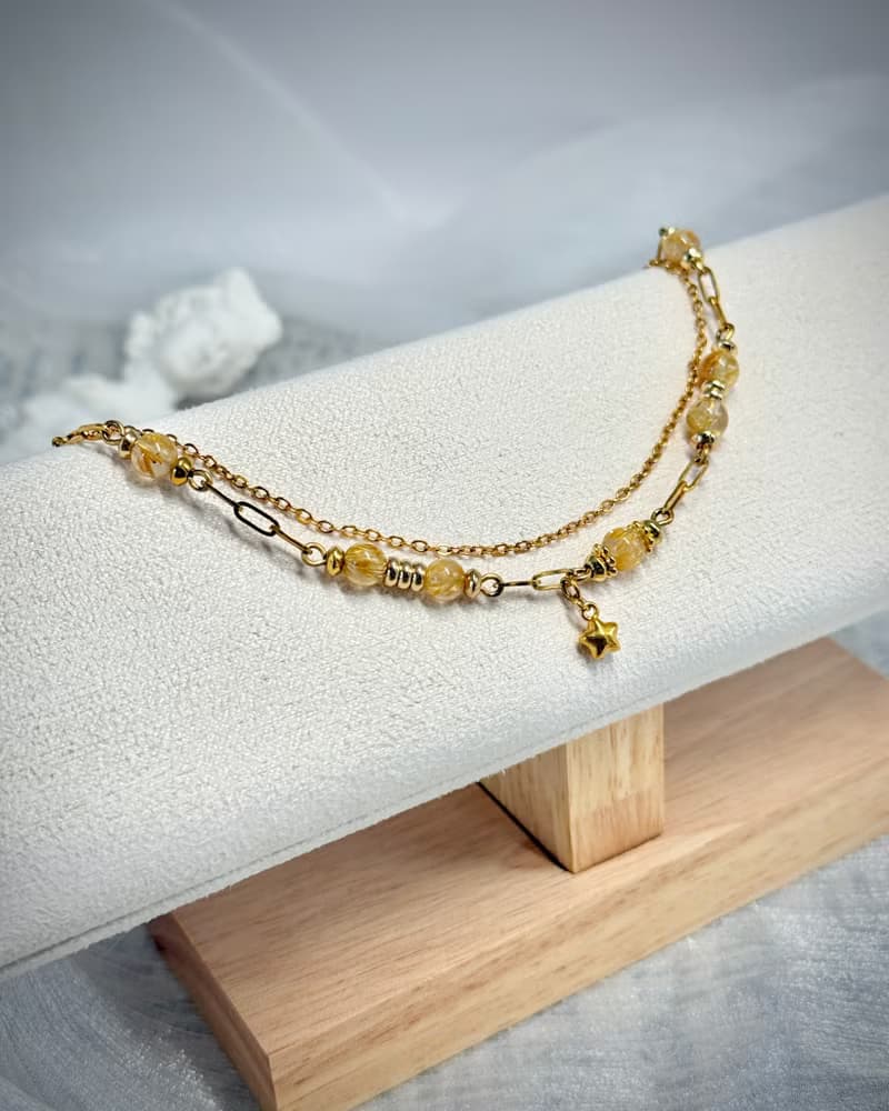 維納斯之心鈦晶水晶手鍊 - 18K金色醫療鋼/金髮鈦晶