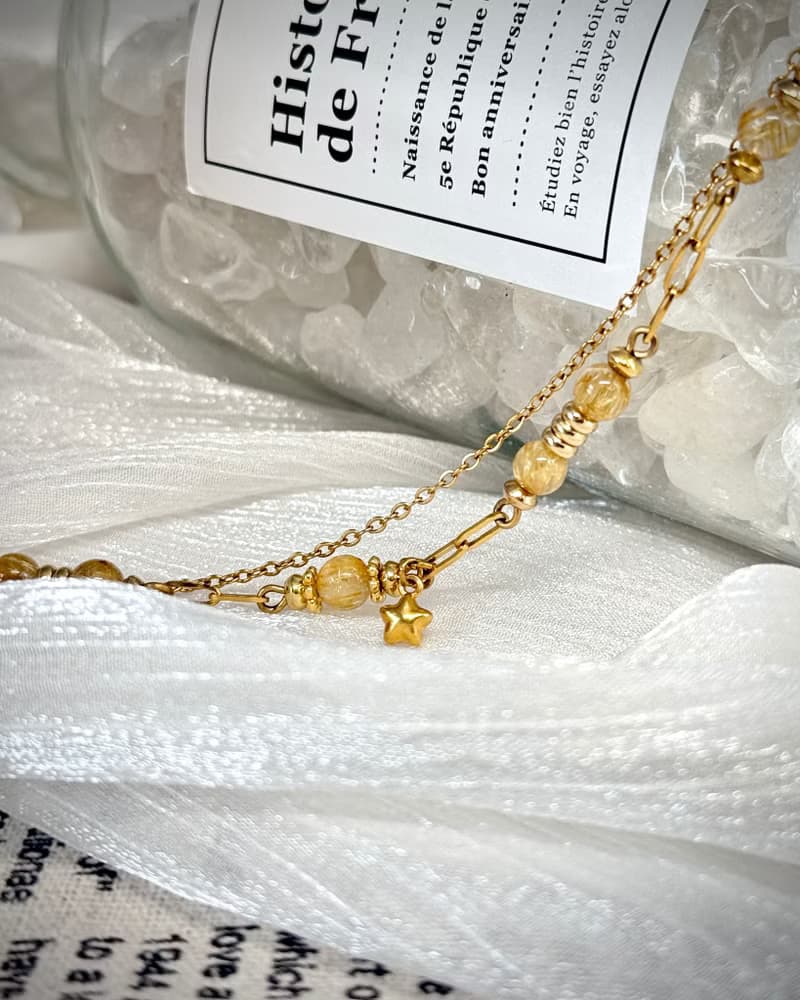 維納斯之心鈦晶水晶手鍊 - 18K金色醫療鋼/金髮鈦晶