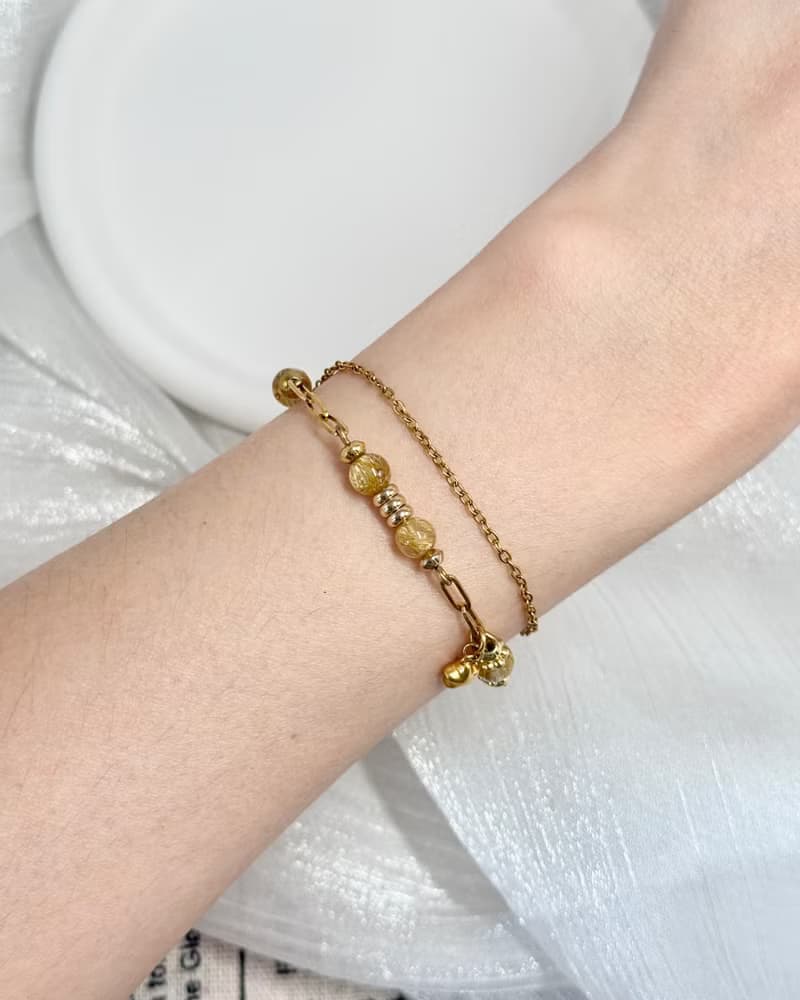 維納斯之心鈦晶水晶手鍊 - 18K金色醫療鋼/金髮鈦晶