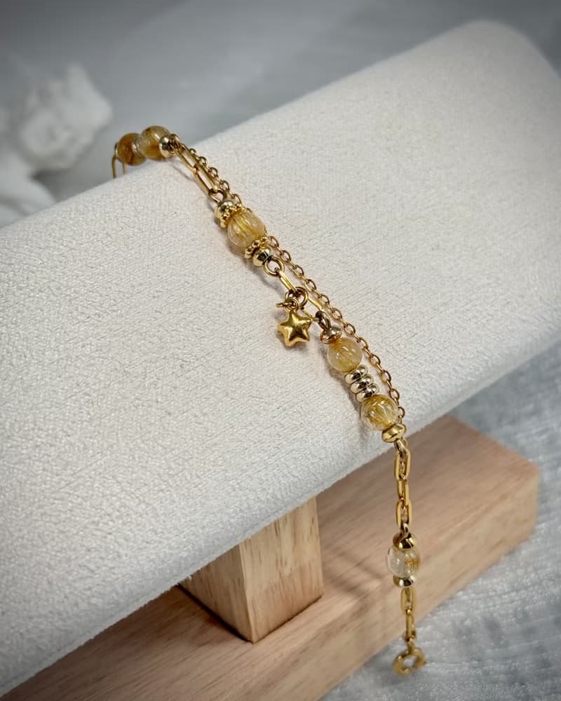 維納斯之心鈦晶水晶手鍊 - 18K金色醫療鋼/金髮鈦晶