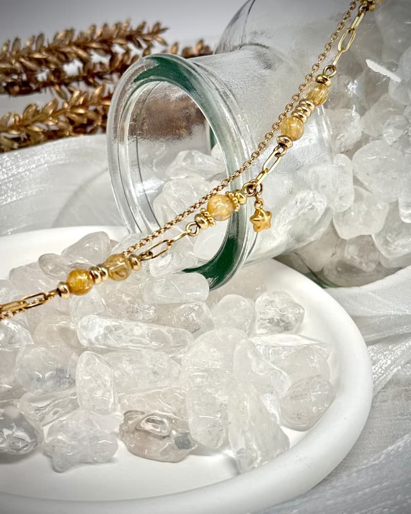 維納斯之心鈦晶水晶手鍊 - 18K金色醫療鋼/金髮鈦晶