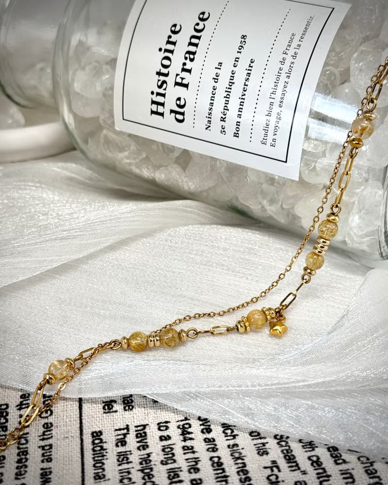 維納斯之心鈦晶水晶手鍊 - 18K金色醫療鋼/金髮鈦晶