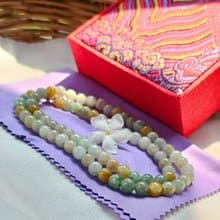 Burmese jade necklace, light green and yellow round beads, natural jade, Type A, size 7 mm, 26 inches