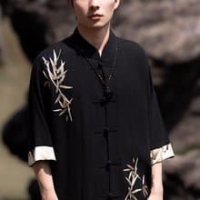 新中式復古 盤扣刺繡亞麻短袖襯衫