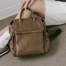 Supportingrole簡約多隔層多口袋真皮後背包 復古咖啡