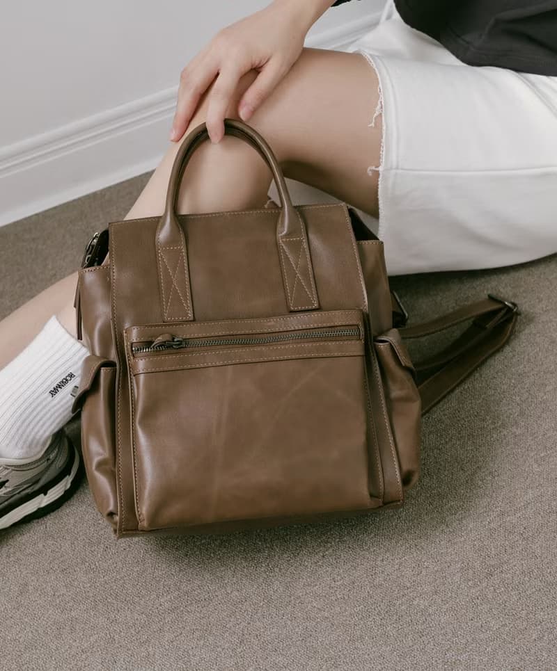 Supportingrole簡約多隔層多口袋真皮後背包 復古咖啡