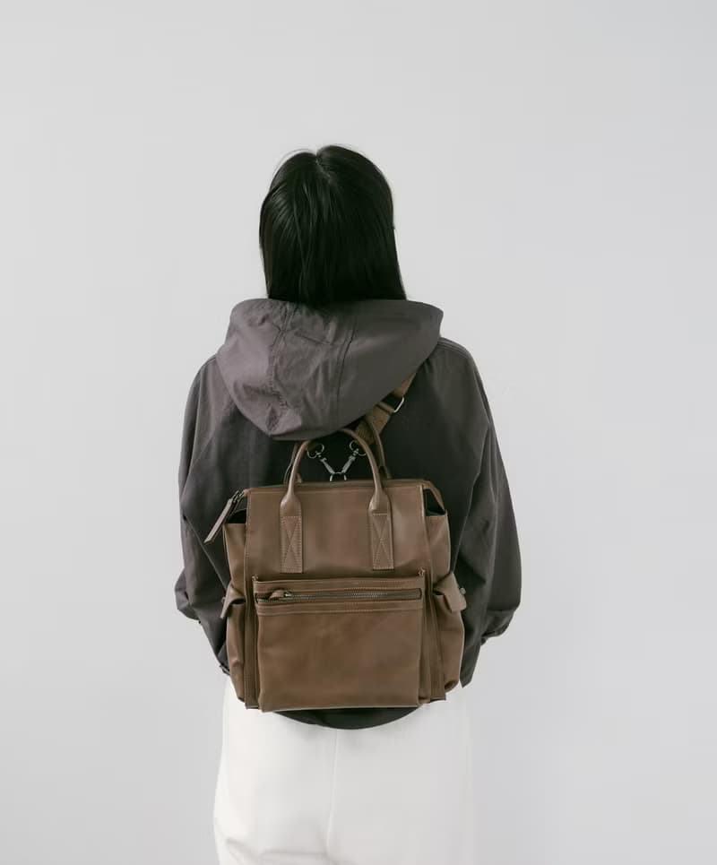 Supportingrole簡約多隔層多口袋真皮後背包 復古咖啡