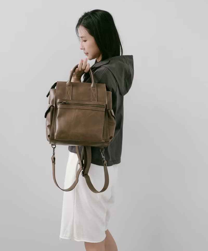 Supportingrole簡約多隔層多口袋真皮後背包 復古咖啡