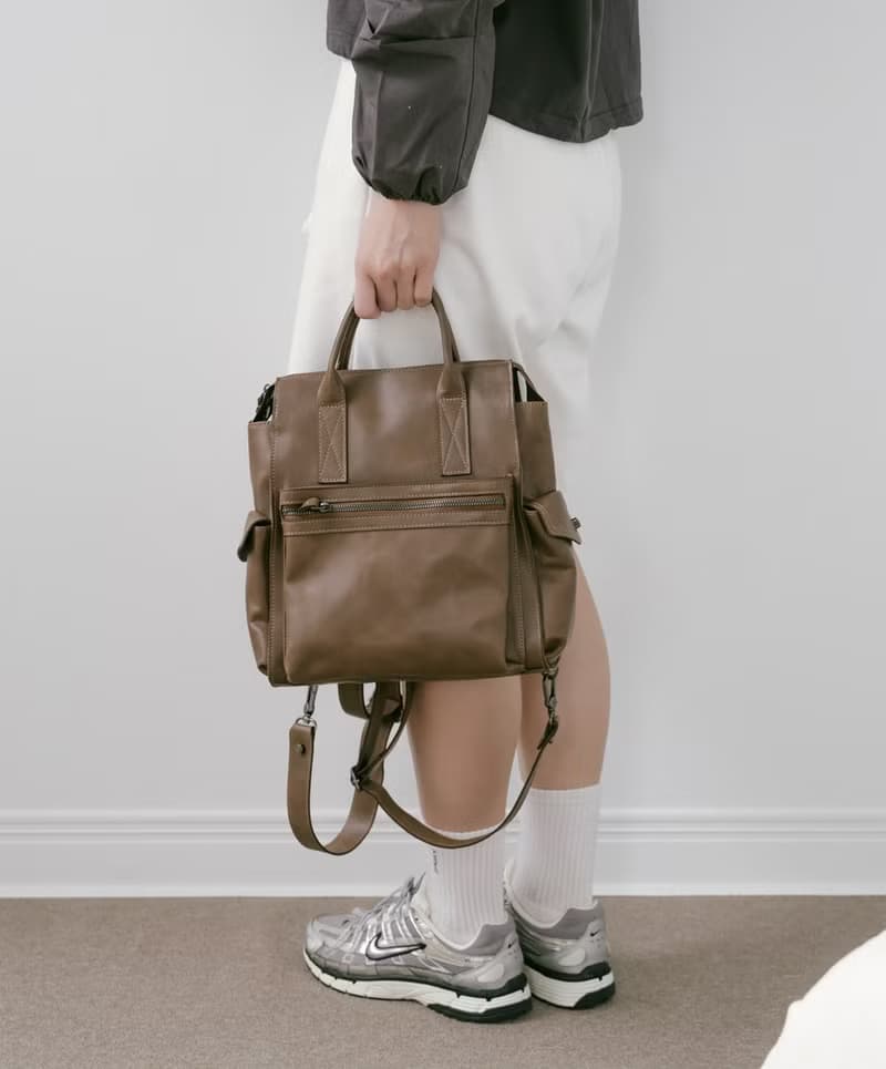 Supportingrole簡約多隔層多口袋真皮後背包 復古咖啡