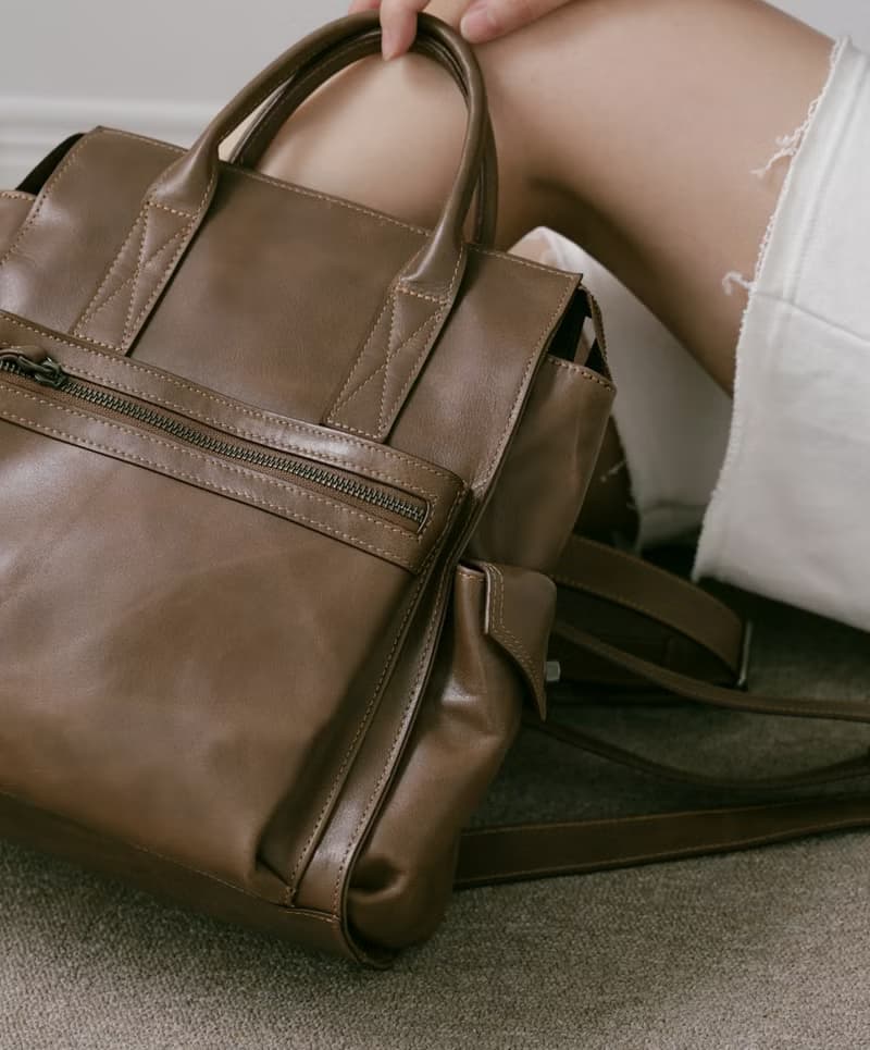 Supportingrole簡約多隔層多口袋真皮後背包 復古咖啡