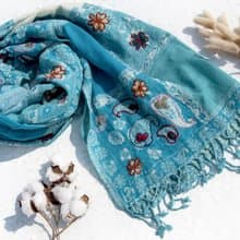 喀什米爾Cashmere刺繡羊毛披肩 針織圍巾 刺繡圍巾 克什米爾-花朵
