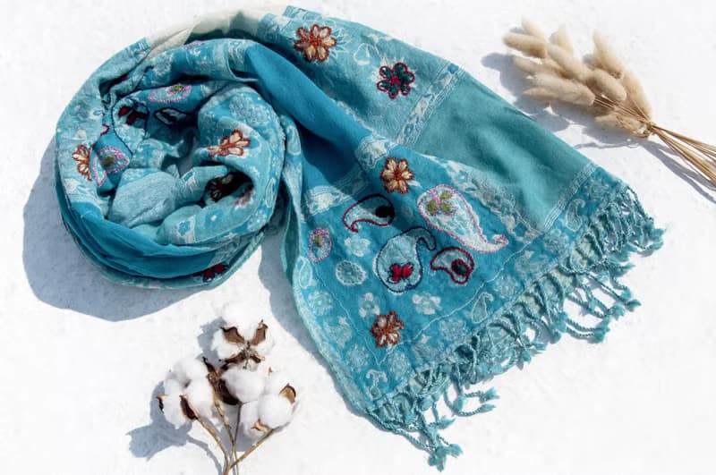 喀什米爾Cashmere刺繡羊毛披肩 針織圍巾 刺繡圍巾 克什米爾-花朵