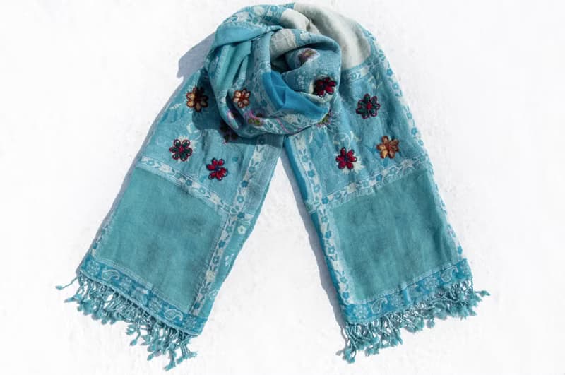 喀什米爾Cashmere刺繡羊毛披肩 針織圍巾 刺繡圍巾 克什米爾-花朵