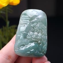 冰種飄綠翡翠精雕山水牌項鍊 | 天然緬甸玉翡翠A貨 | 送禮