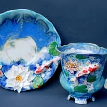 Koi Fish Cup and saucer Beautiful handmade porcelain tea set Blue mug
